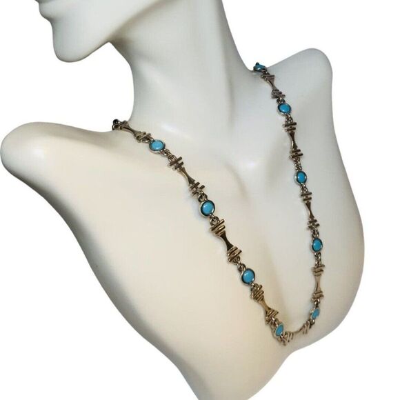 Blue Turquoise Silver Tone Station Vintage Bohemian Minimalist Necklace 27” - Picture 5 of 13